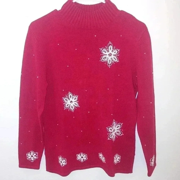 Merry & Bright Sweaters - Merry & Bright Red Christmas Sweater Embroidered Snowflakes & Beading  S Small